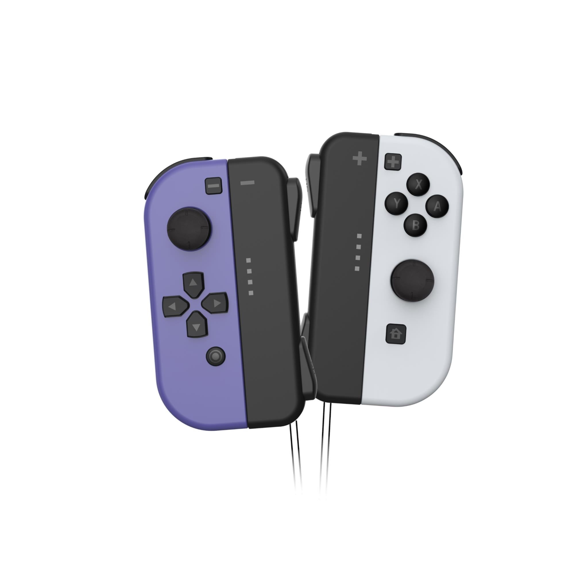 Purple and grey Nintendo Switch joypads side view with straps and connected cables