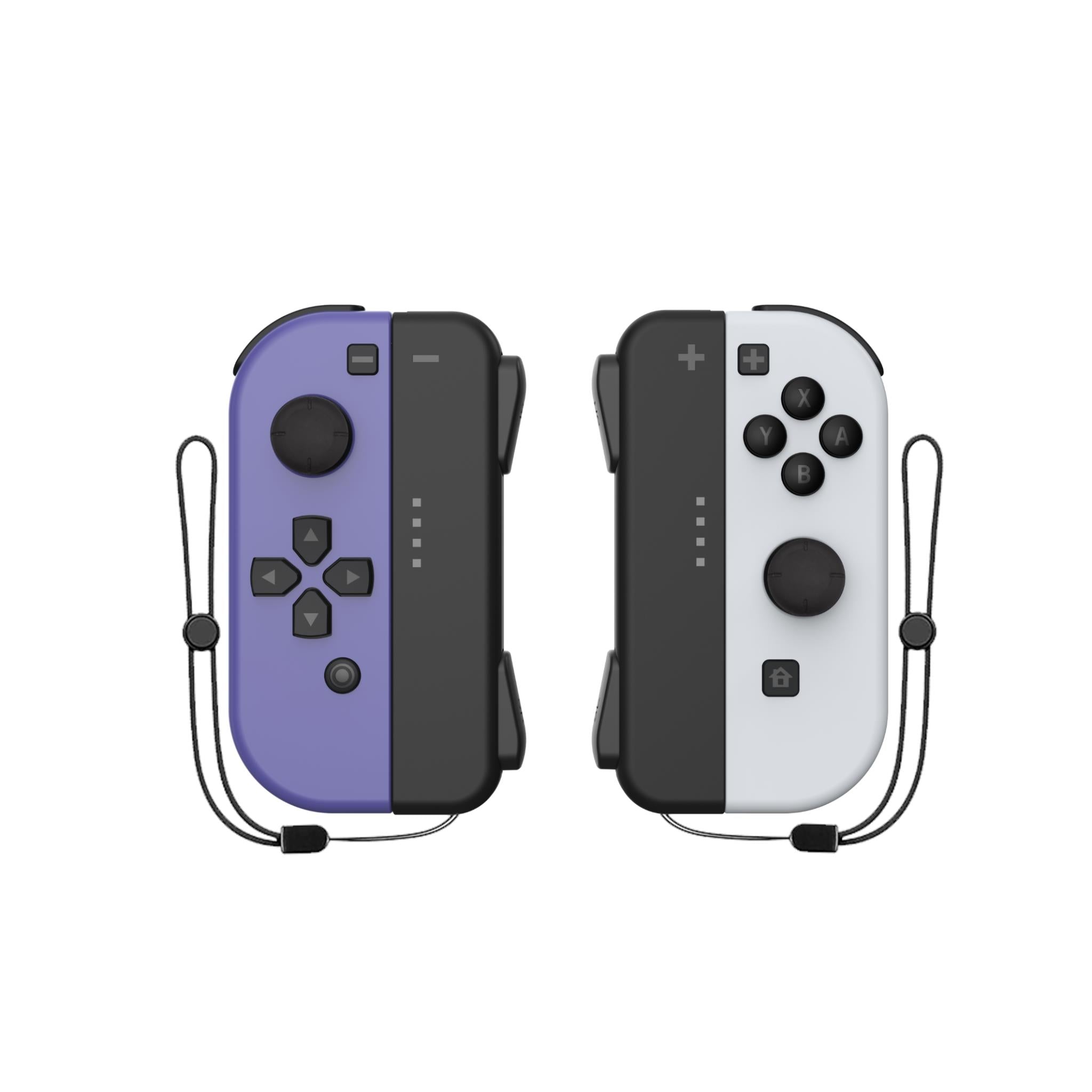 Purple and grey Nintendo Switch joypads back view with wrist straps