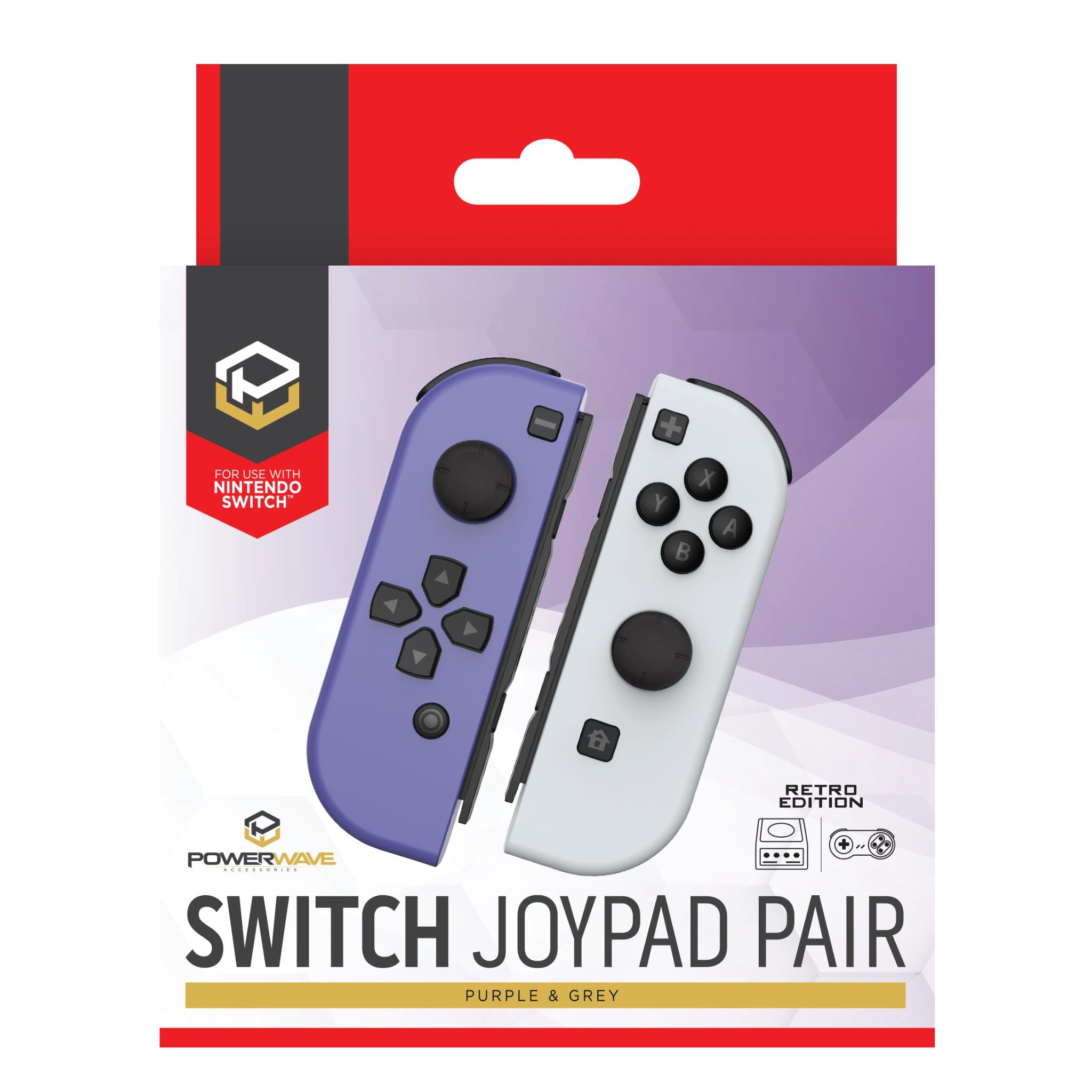 Nintendo Switch joypad pair retail box showing purple and grey controllers
