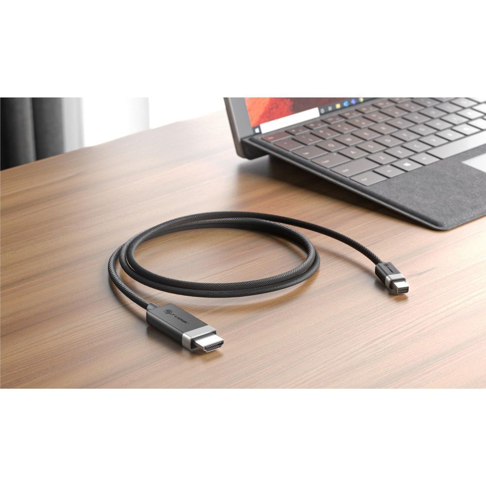 Black braided mini DisplayPort to HDMI active cable, 2 m, connectors visible