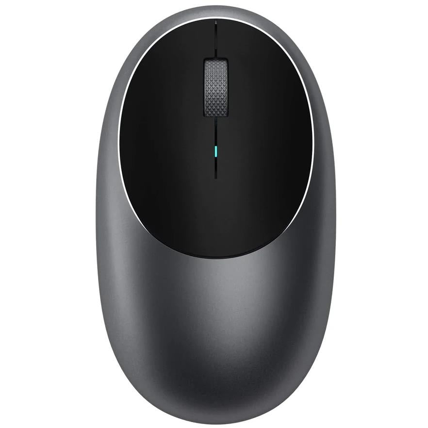 Space grey wireless optical mouse, top view with scroll wheel and buttons