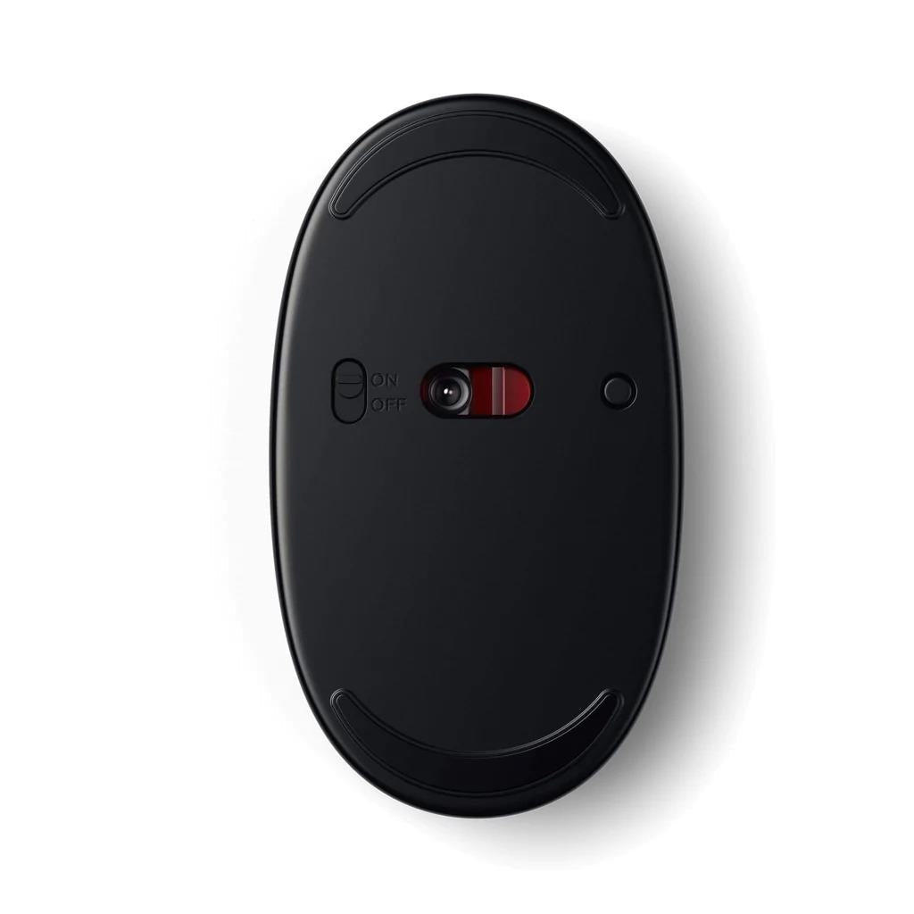 Space grey wireless optical mouse bottom with red switch and tracking feet