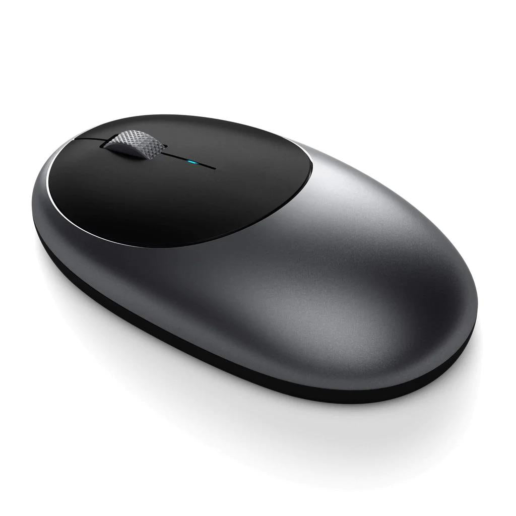 Space grey wireless optical mouse, angled top view with matte body