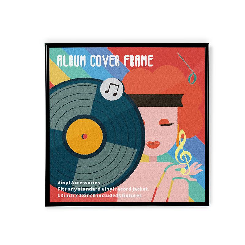 Black album cover display frame with colorful vinyl cover insert inside