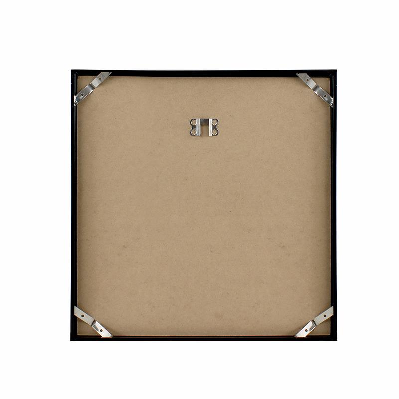 Black album cover display frame back with cardboard backing and metal corner brackets