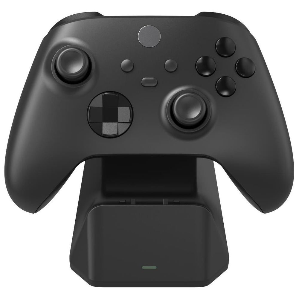 Black charging display stand with controller resting on the top cradle