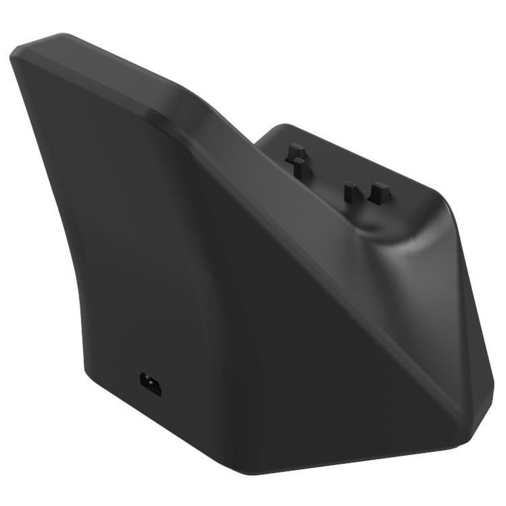 Black charging display stand side view with underside port opening