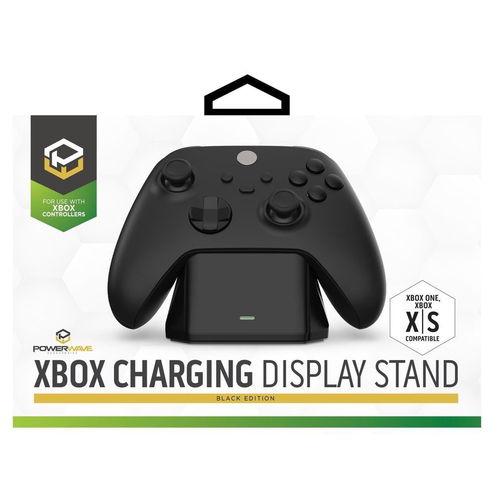 Black Xbox charging display stand on retail box front with controller graphic
