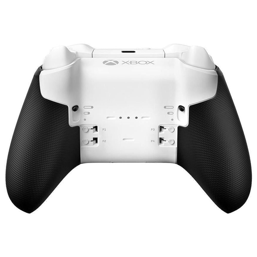 White wireless game controller rear view with ports and rear controls, black textured sides