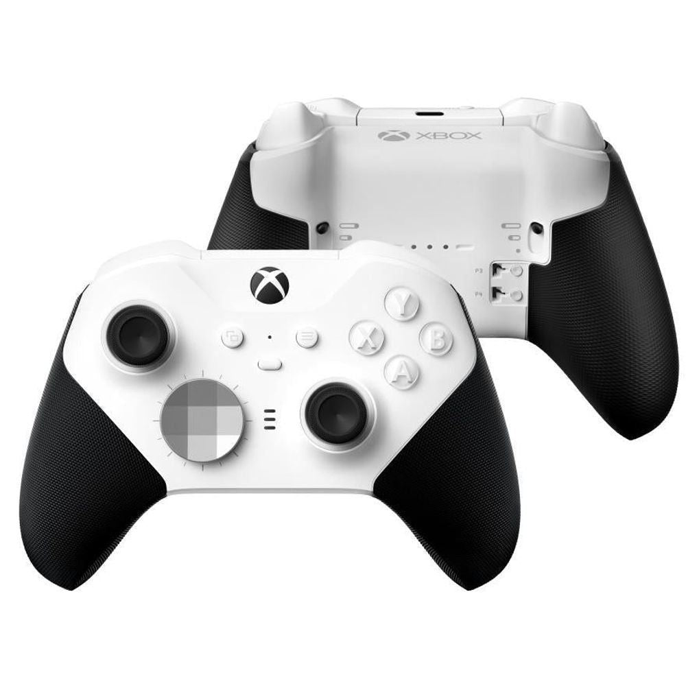 White wireless game controller front and rear view with black textured grips and back panel