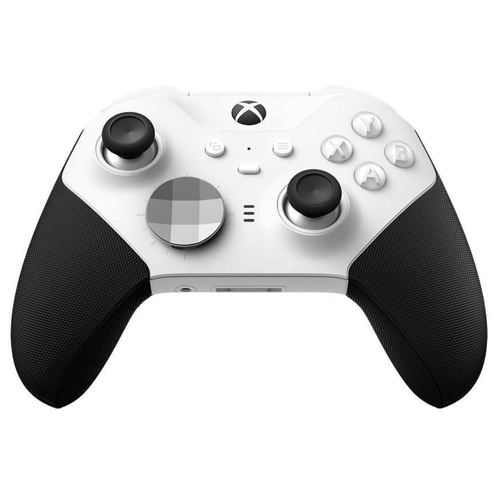 White wireless game controller with black thumbsticks, D-pad, and black textured grips