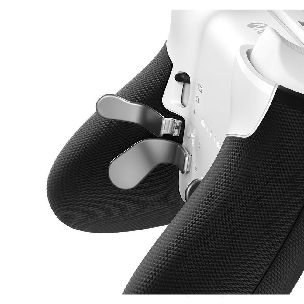 Black textured grip with white trigger switch area on a wireless game controller