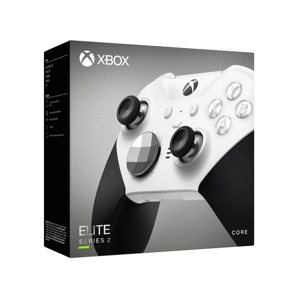 Xbox controller retail box showing a white Elite Series 2 Core gamepad with black grips