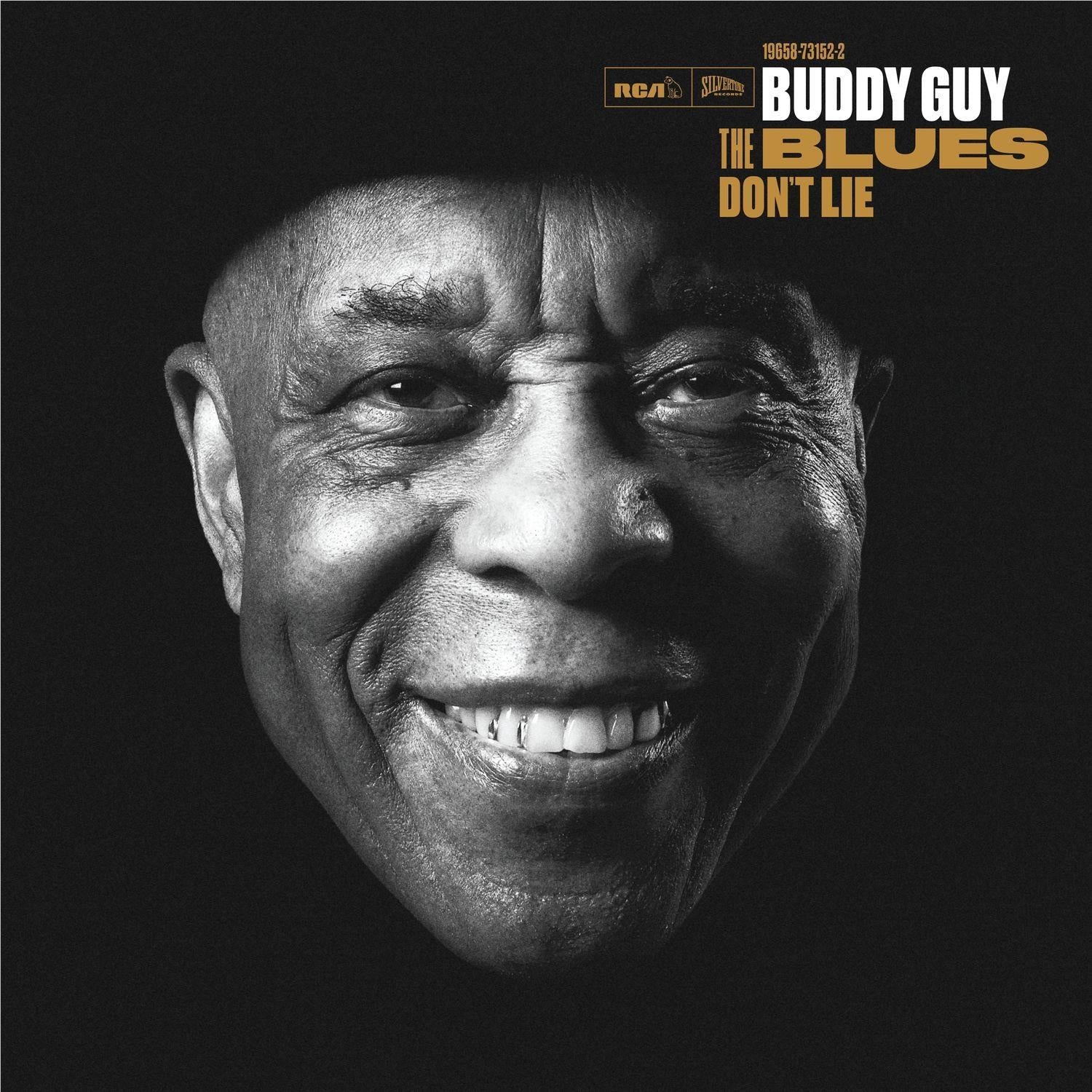 Buddy Guy album cover close-up with smiling portrait and The Blues Don't Lie text