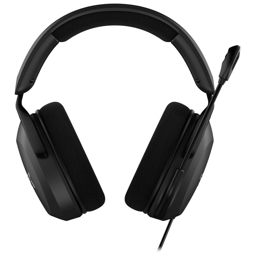 Black wired gaming headset top view with adjustable headband and earcup cushions