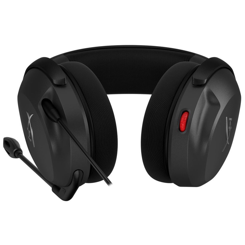 Black wired gaming headset with red indicator on earcup and boom microphone