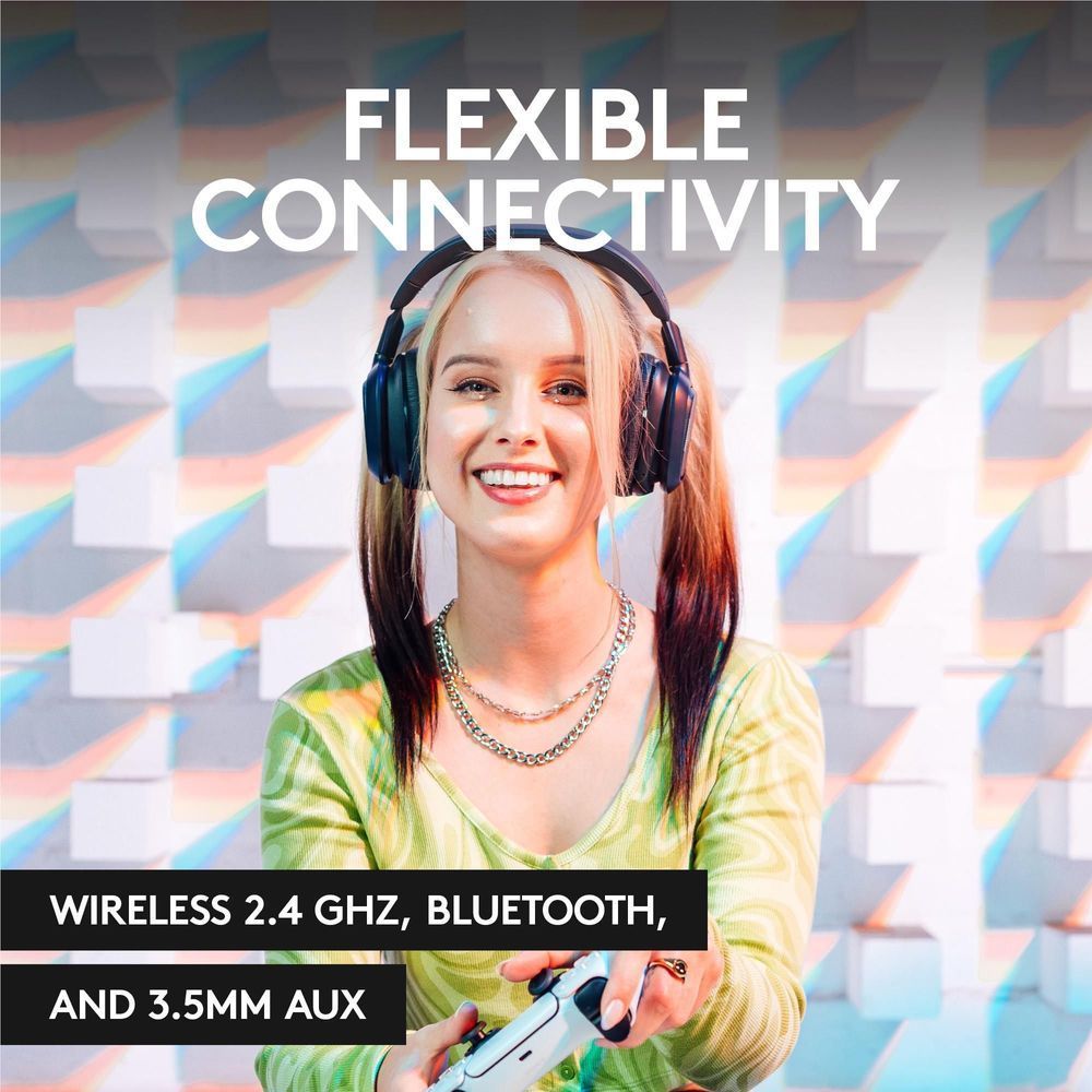 Over-ear wireless gaming headset with navy headband and cushioned earcups