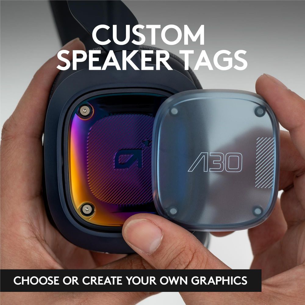 Navy headset with removable speaker tags showing A30 and custom graphics