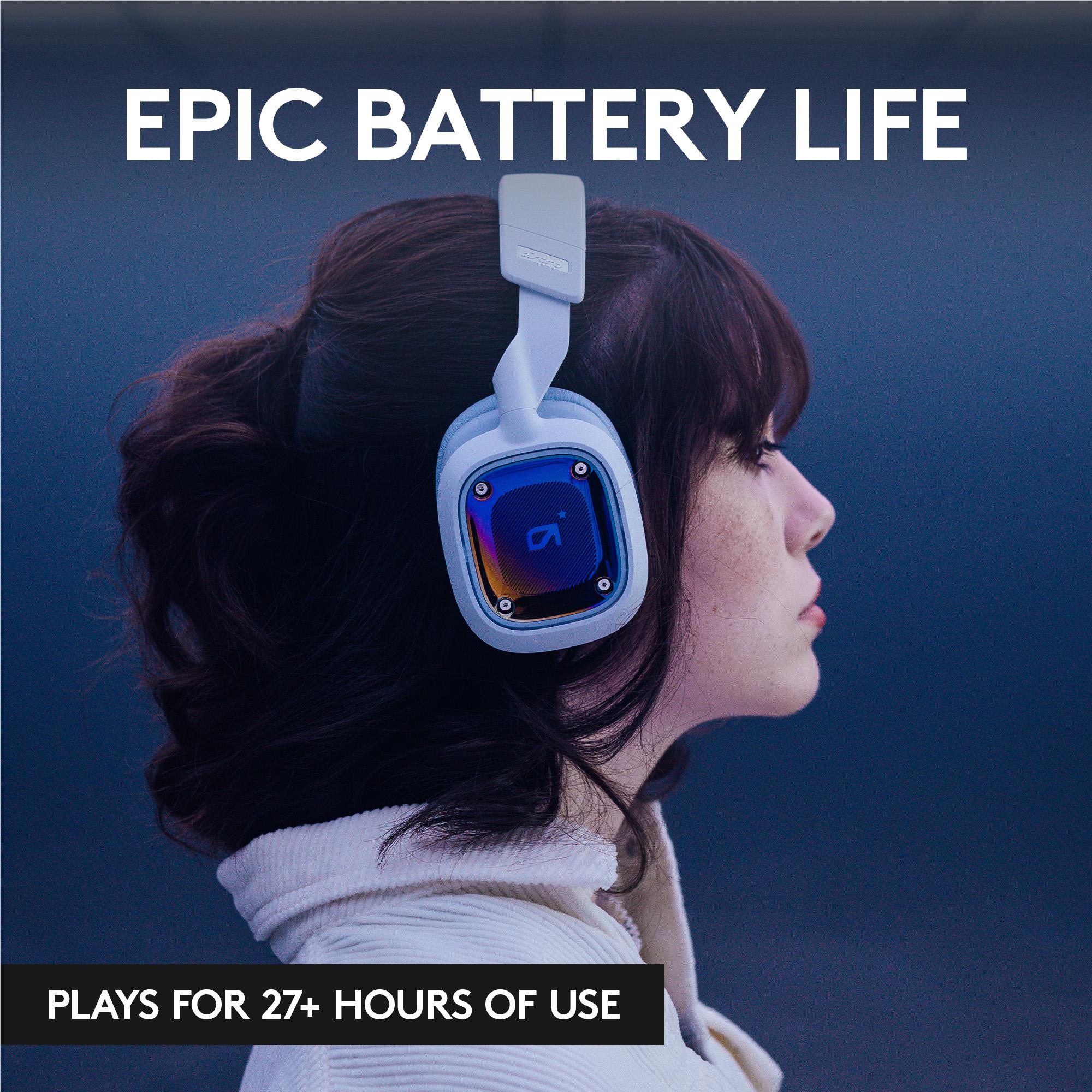 White wireless headset on head with glowing ear cup and padded ear pads