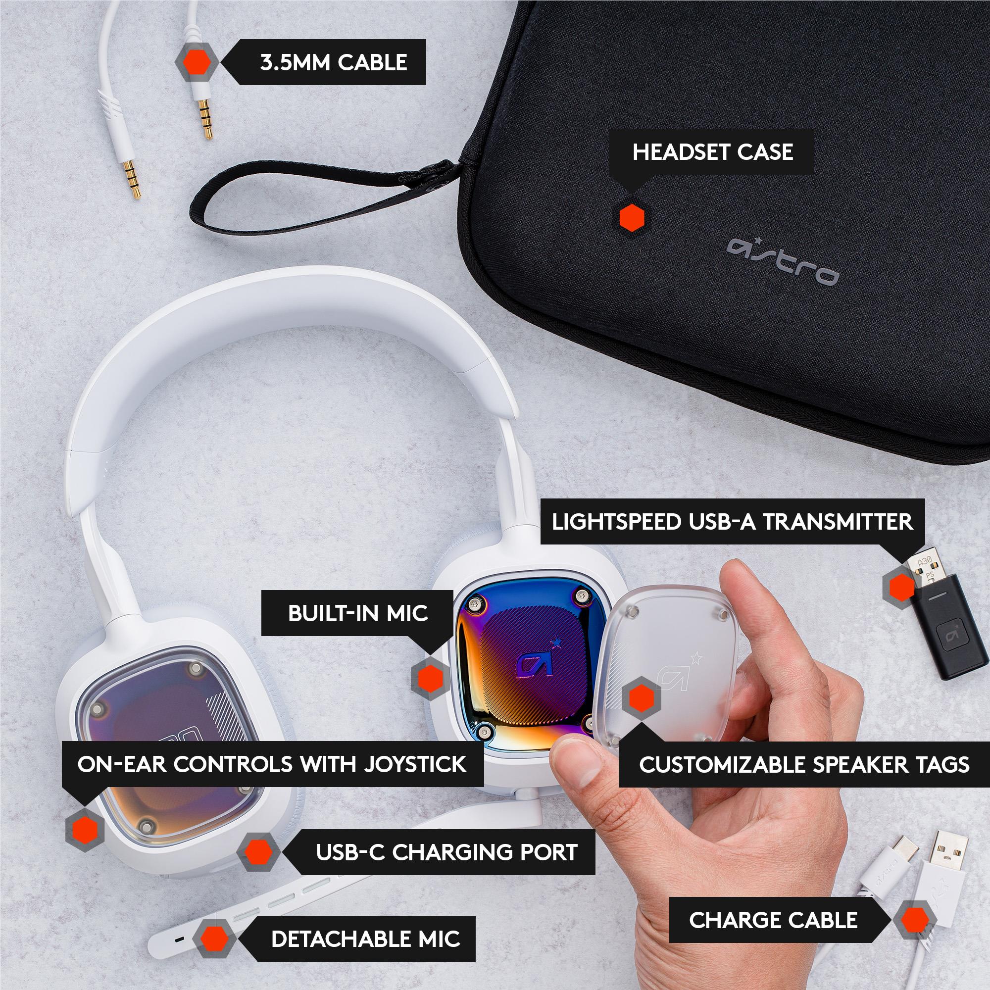 White wireless headset with detachable mic, USB-A transmitter, and accessories