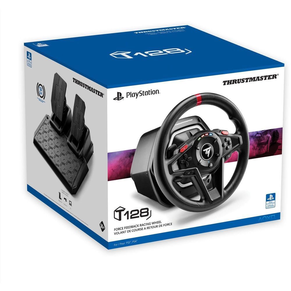 Thrustmaster T128 racing wheel retail box with PlayStation logo