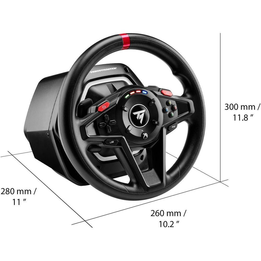 Thrustmaster T128 force feedback racing wheel with dimensions shown