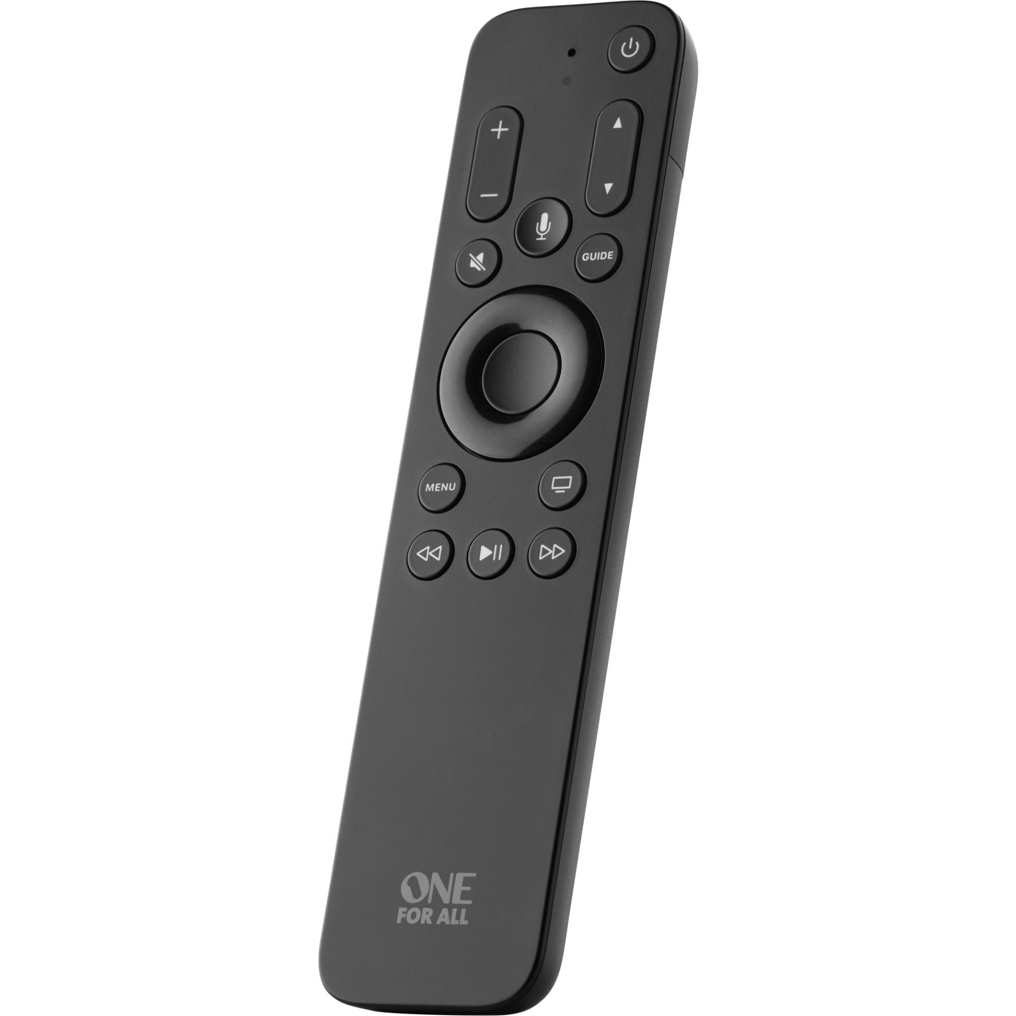 Black replacement TV remote with backlit-style button icons and large navigation wheel
