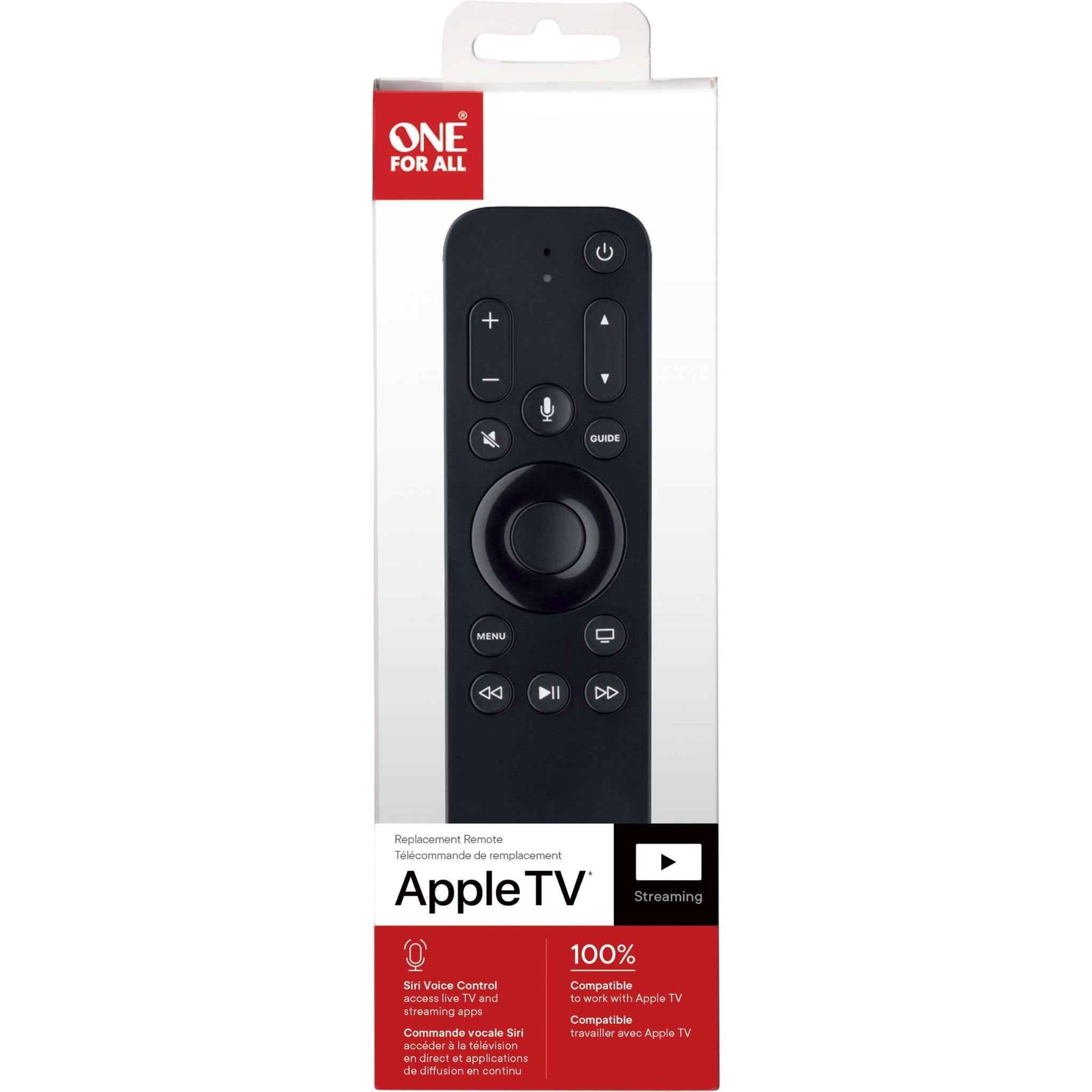 One For All Apple TV replacement remote package with remote shown on front panel