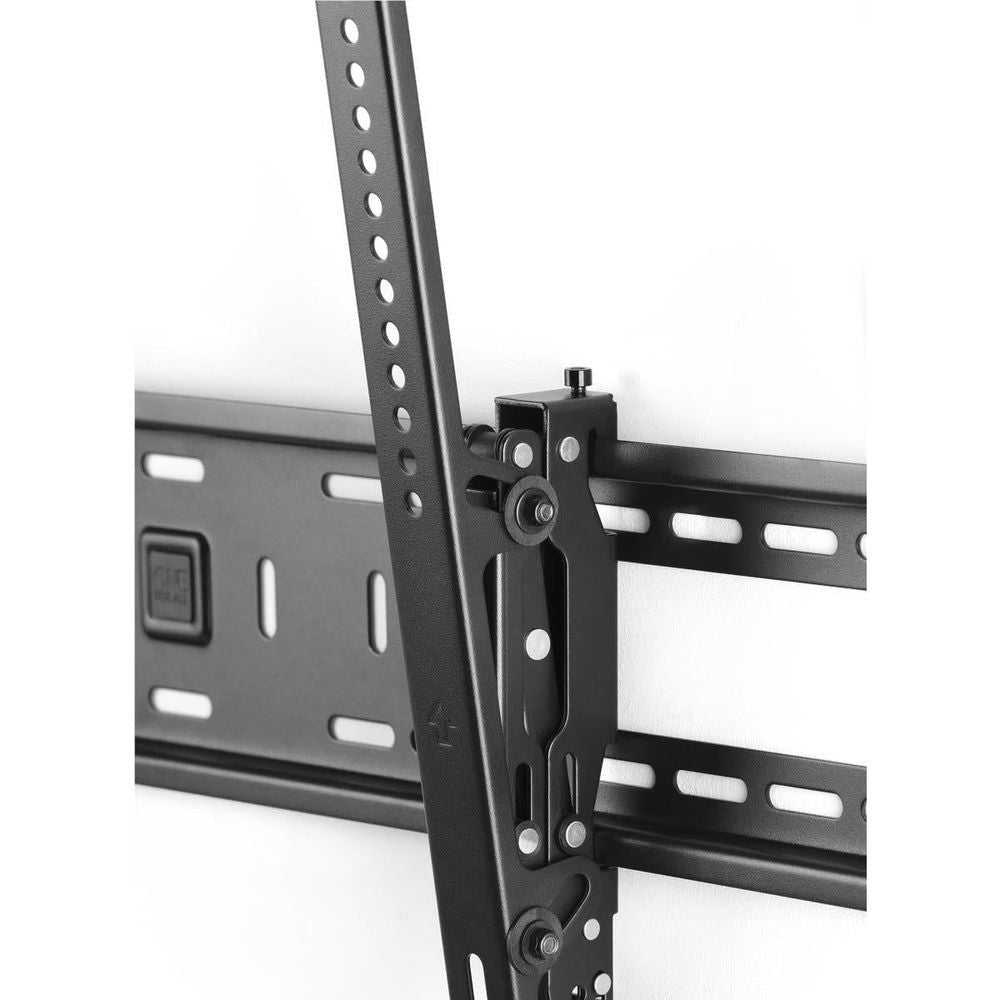 Black extend-and-tilt wall mount bracket hinge with locking hardware on rail