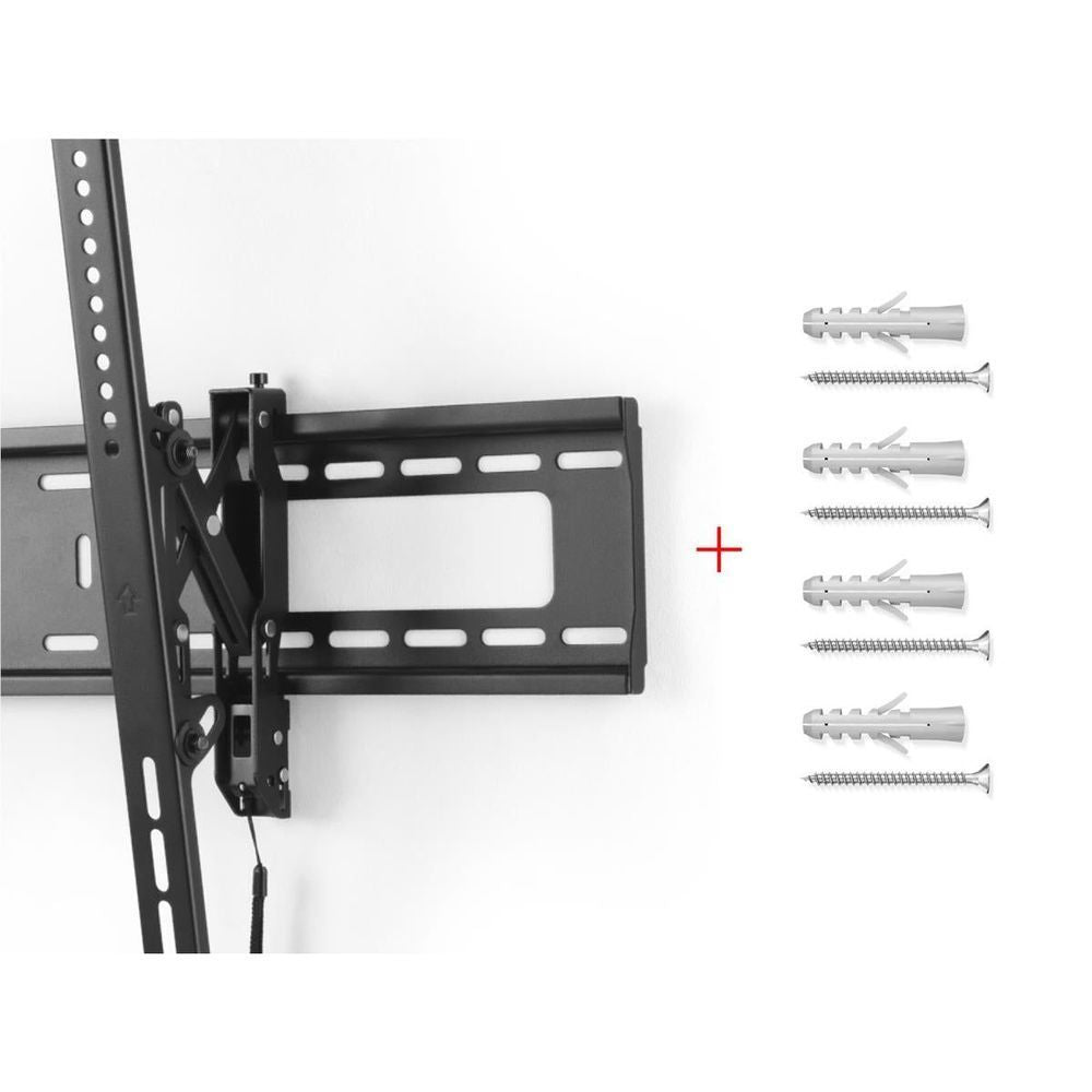 Black TV wall mount bracket with tilt mechanism and included mounting screws