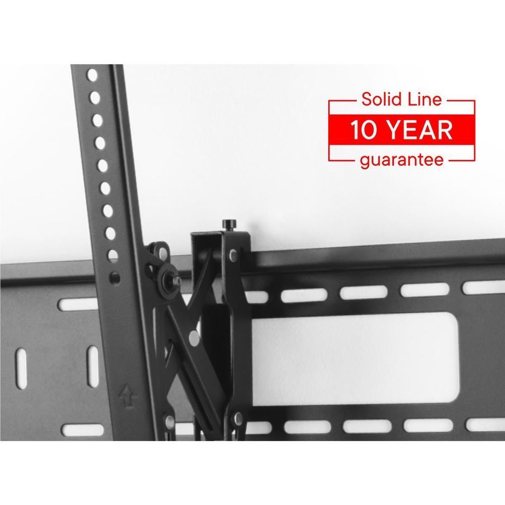 Black TV wall mount bracket with Solid Line 10-year guarantee label