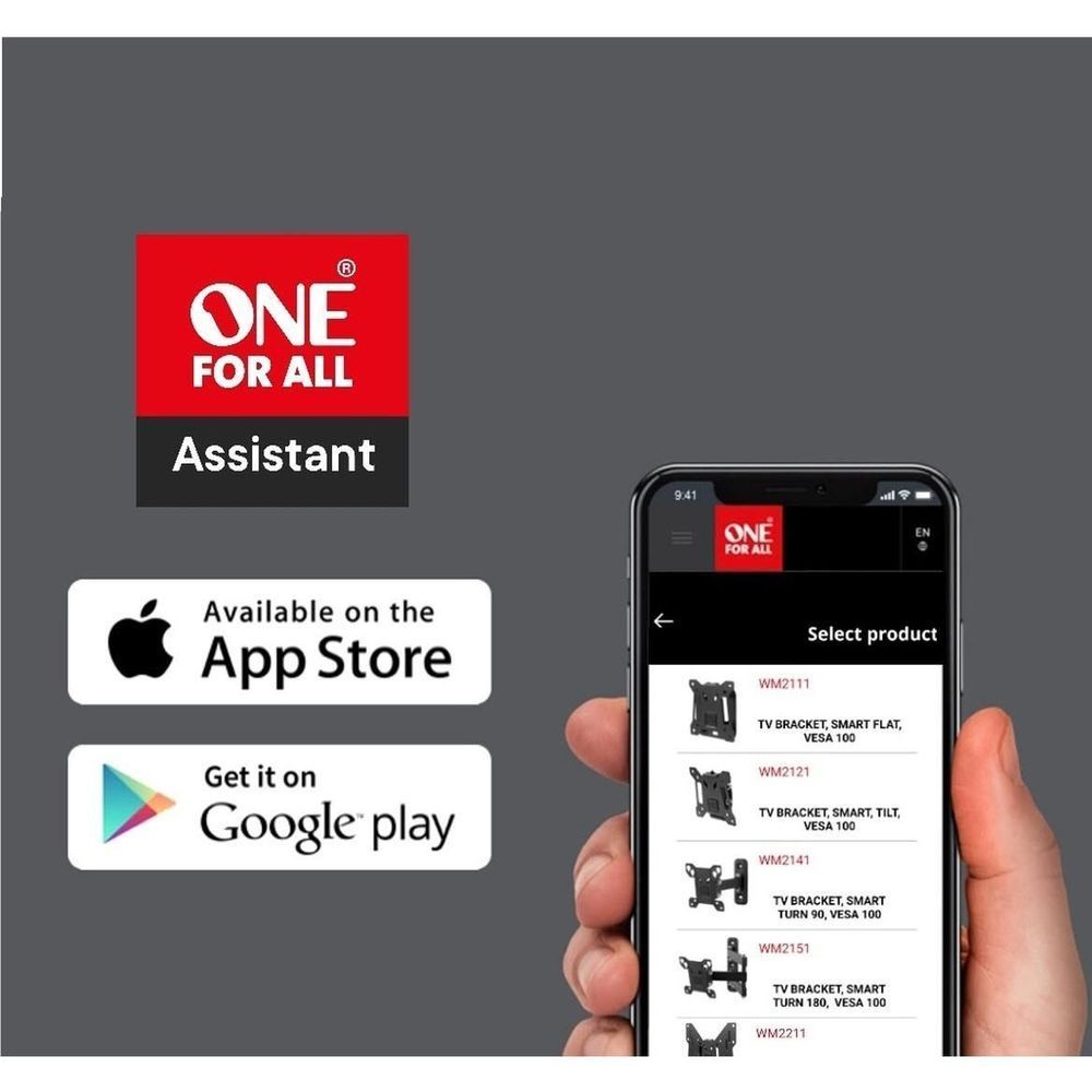 One For All Assistant app promo with smartphone showing compatible TV mount options