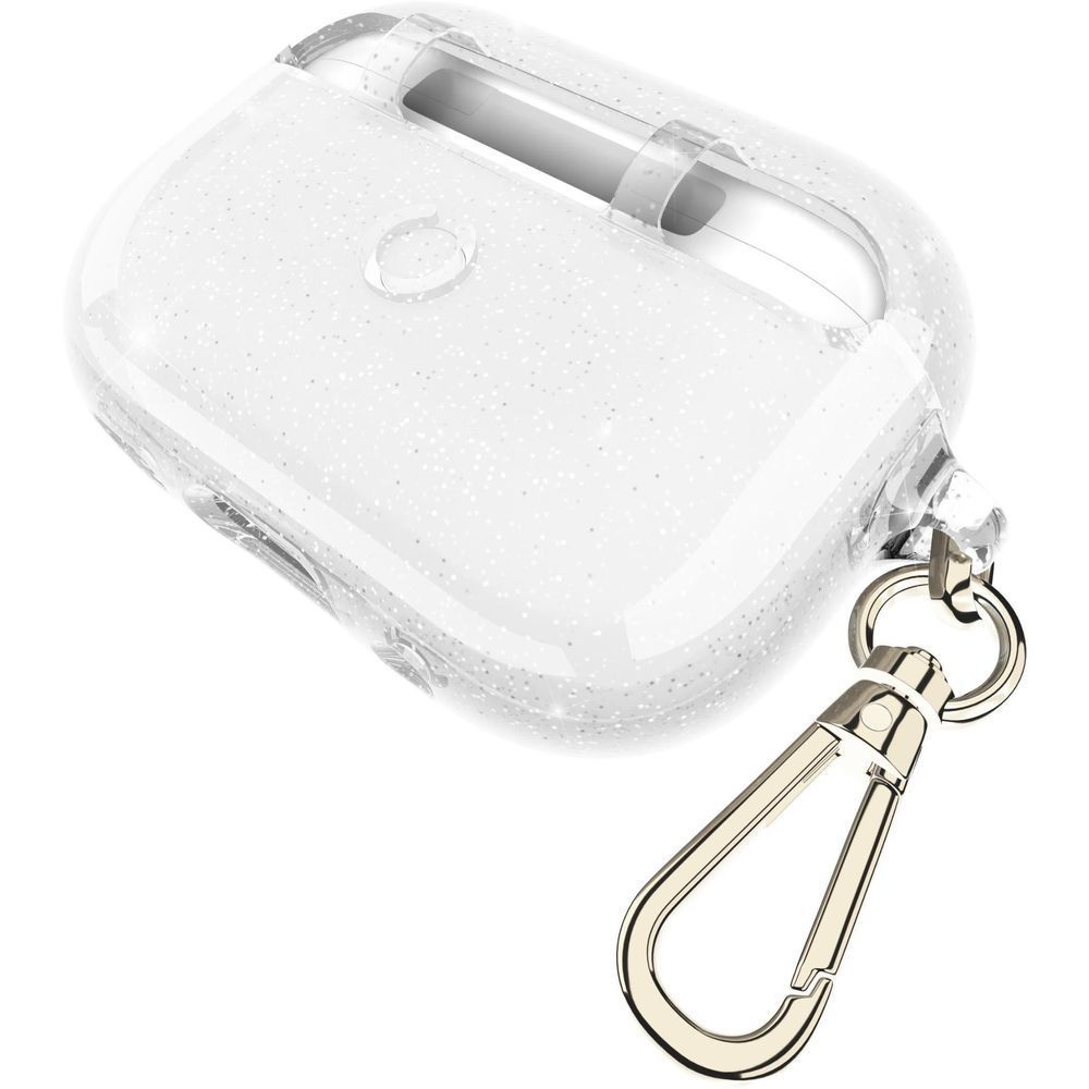 White glitter AirPods Pro case with keyring strap, side view of hinge
