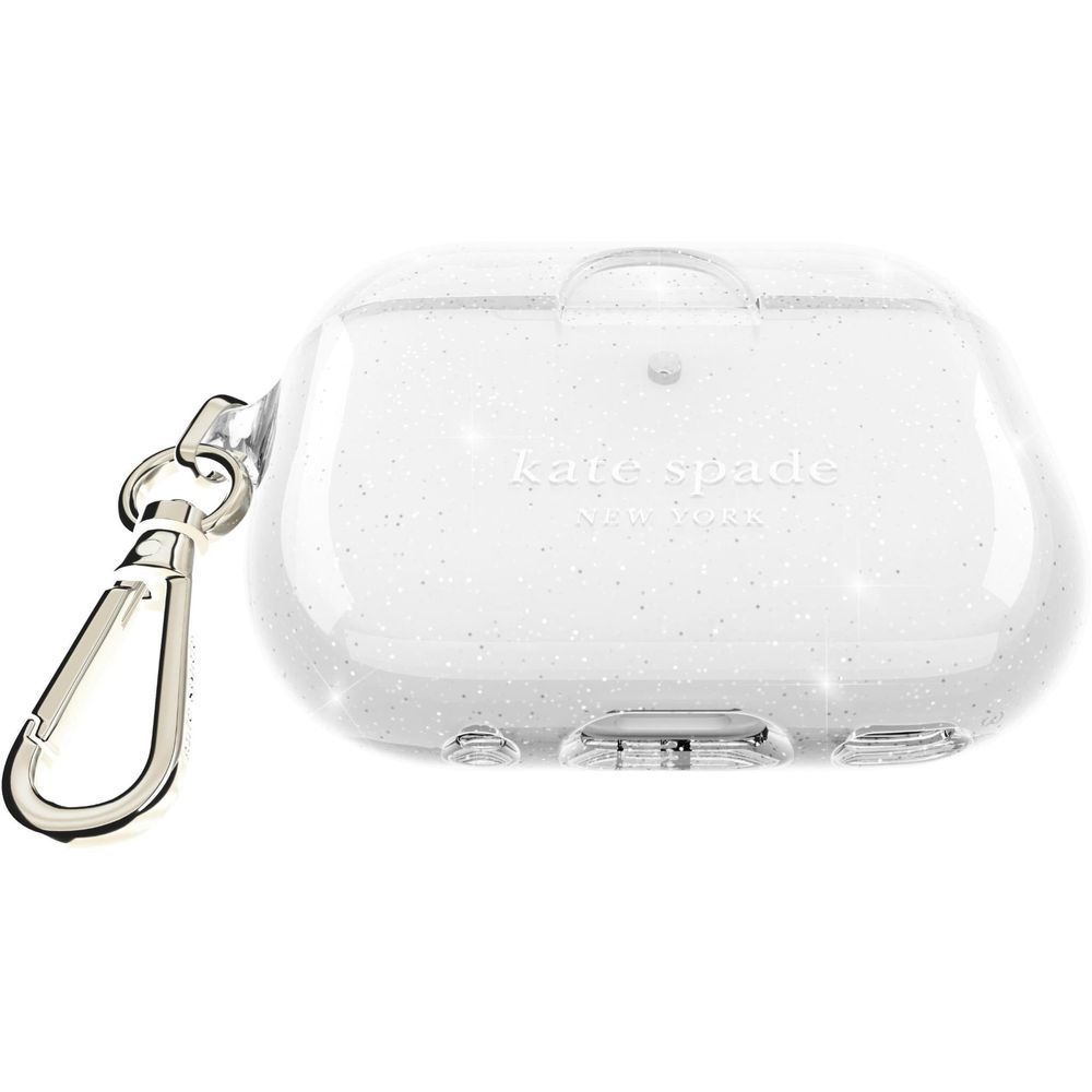 White glitter AirPods Pro case with kate spade branding and keyring strap