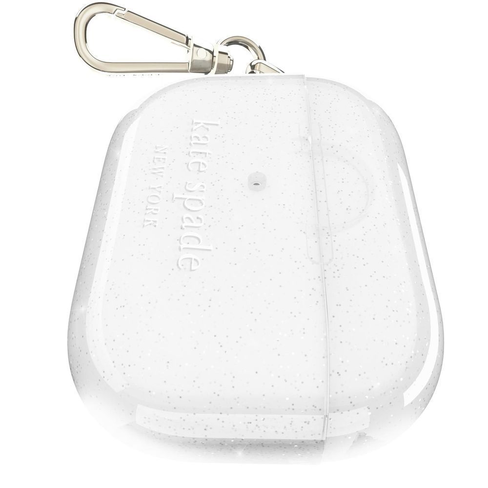White glitter AirPods Pro case with top label embossing and metal keyring
