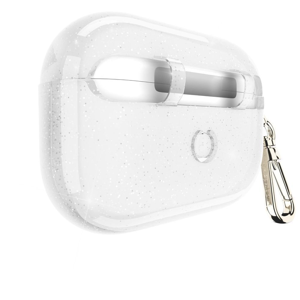 White glitter AirPods Pro case with keyring strap, side profile view
