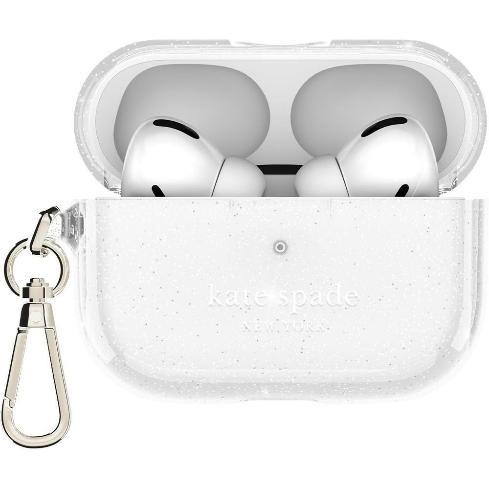 White glitter AirPods Pro case with charging pods and keyring strap