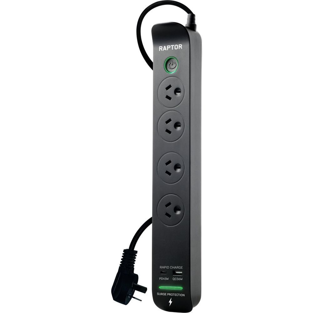 Jackson Raptor slimline powerboard with 4 outlet sockets, rapid charge USB ports