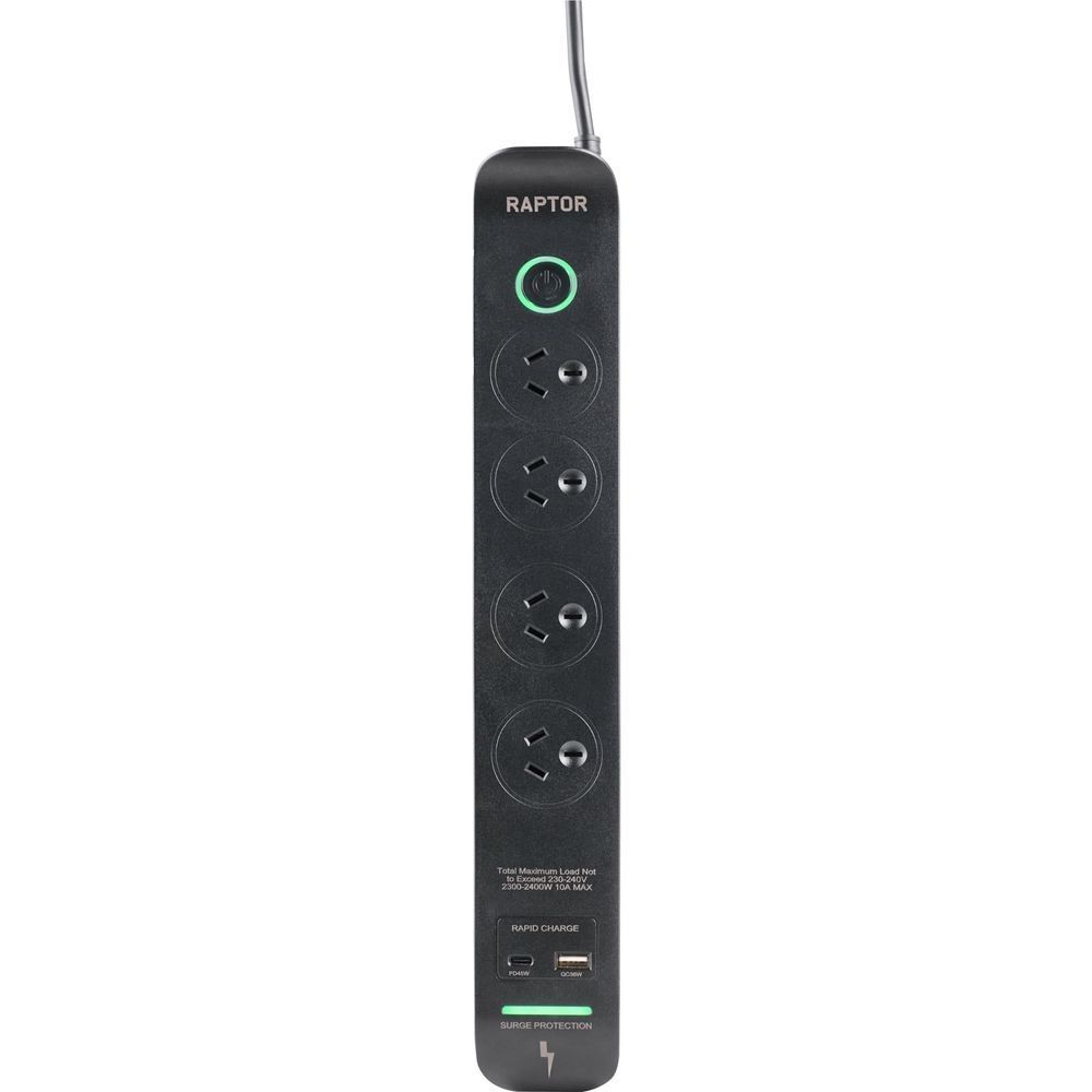 Jackson Raptor slimline powerboard underside with USB ports and 4 outlet sockets