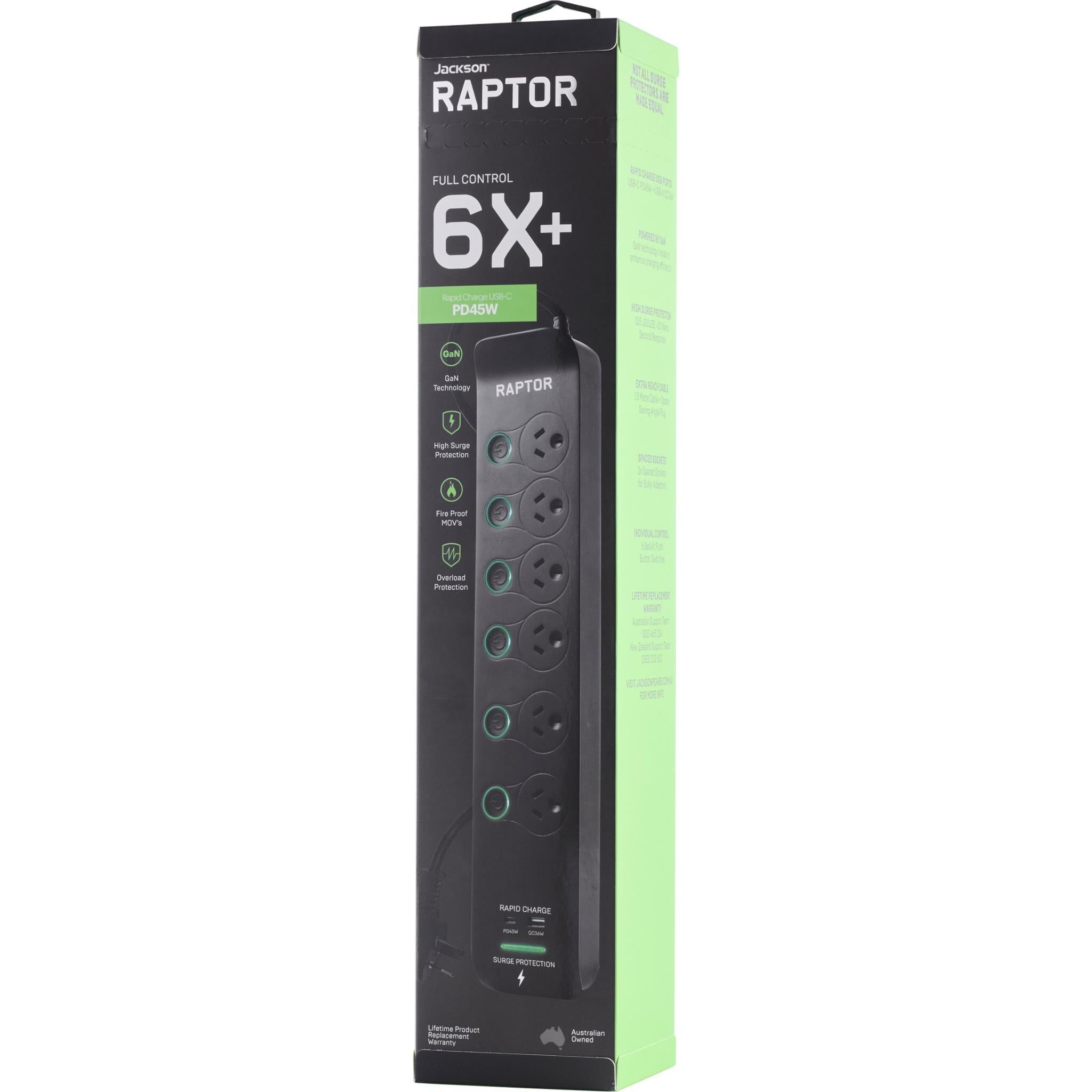Jackson Raptor 6 Outlet Full Control 45W PD Surge Protected Powerboard