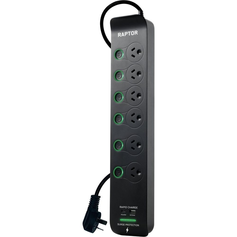 Black 6-outlet power strip with green illuminated rings, angled sockets, power cord