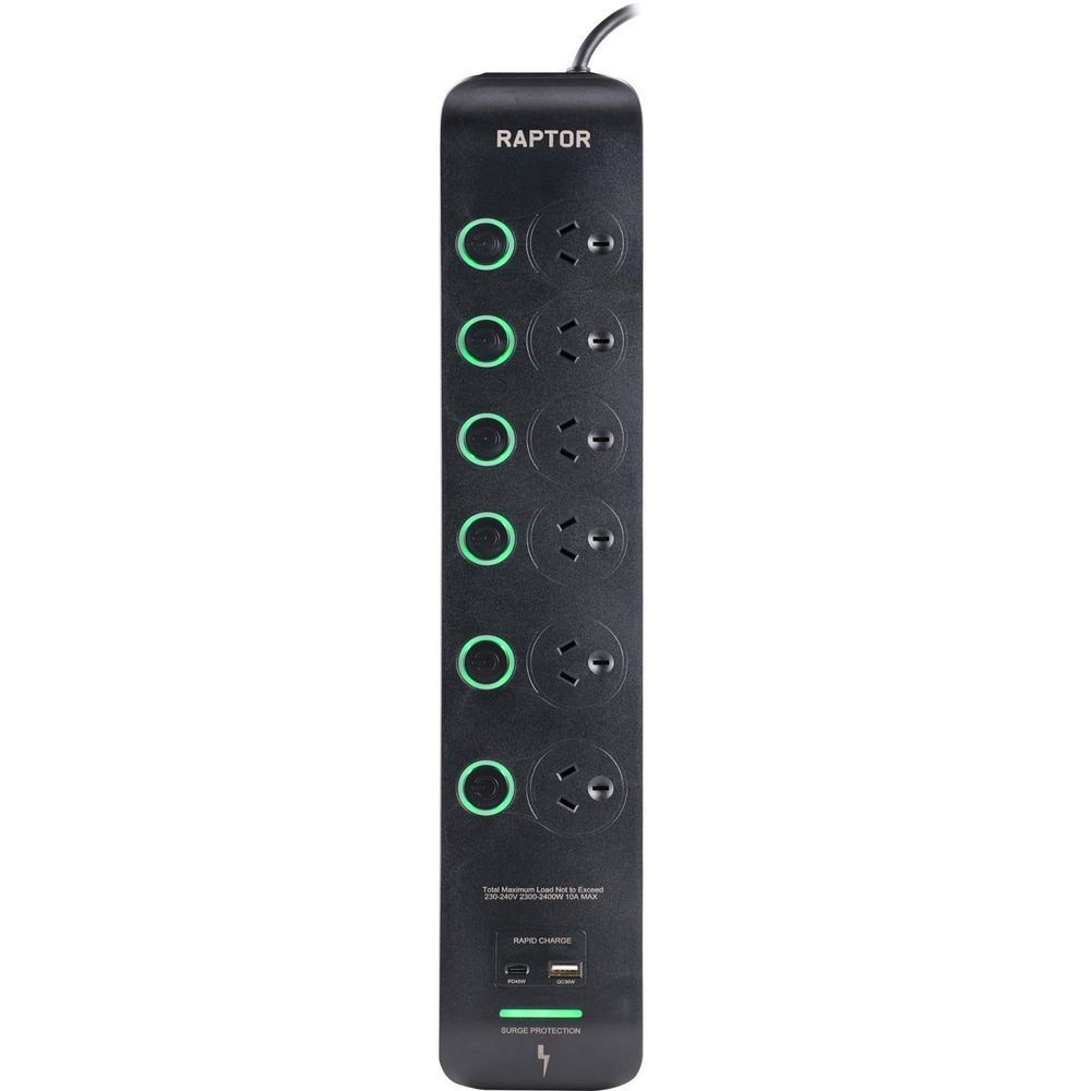 Black vertical 6-outlet power strip with green rings, USB ports, and surge protection
