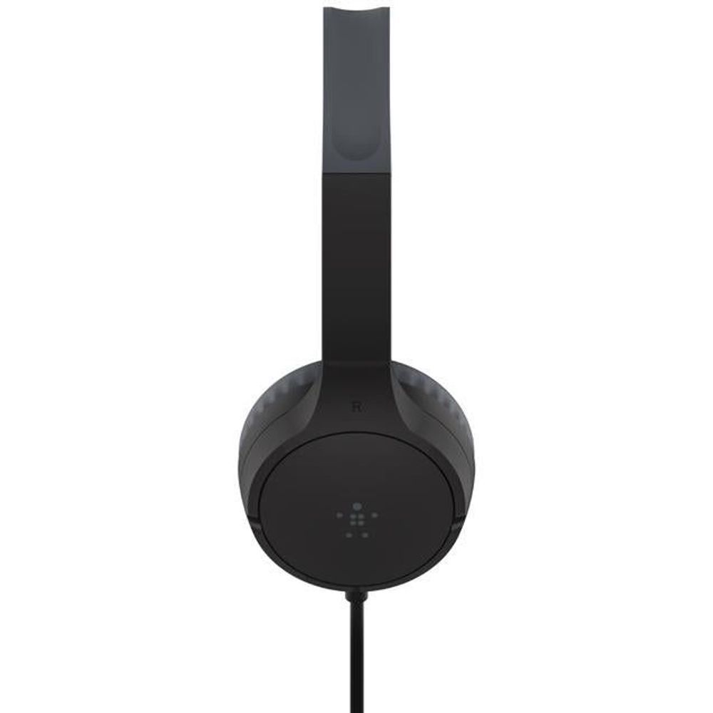 Black wired on-ear headphone headband and round ear cup with speaker logo