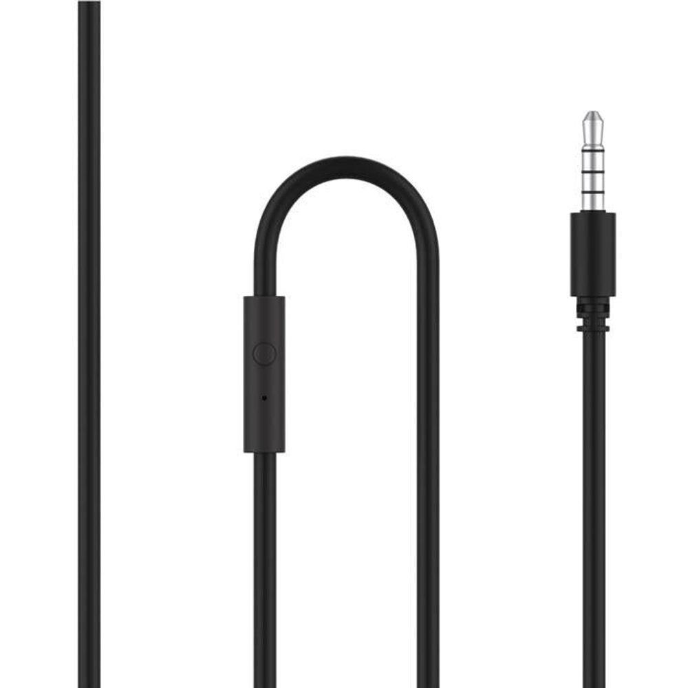 Black wired headphone cable with inline controller and 3.5mm audio plug
