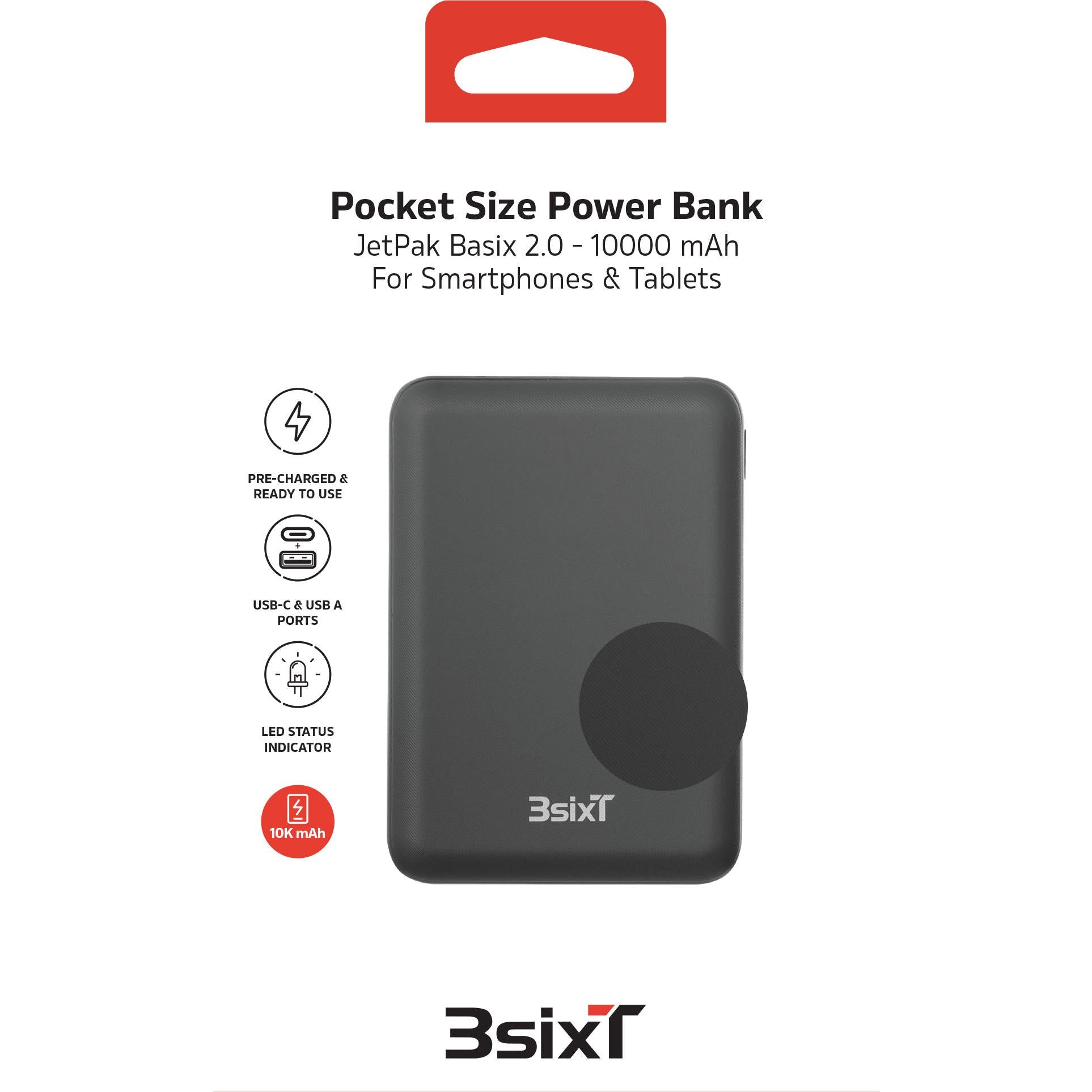 3sixT JetPak BasiX 2.0 10000mAh Power Bank (Black)