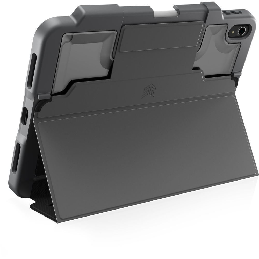 Black iPad case with flip cover stand, front shield, and camera cutout