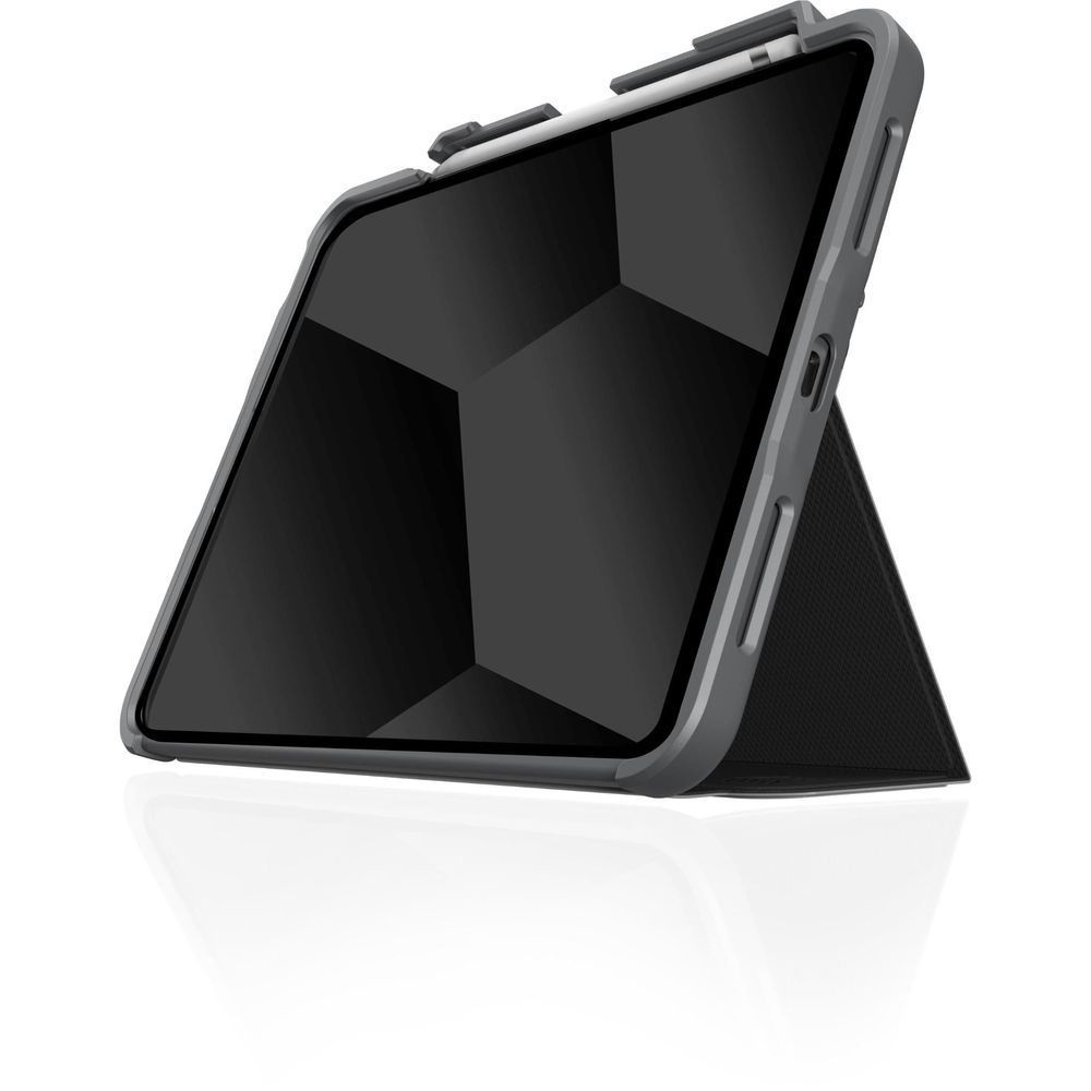 Black iPad case with stand in viewing mode, textured back and side buttons