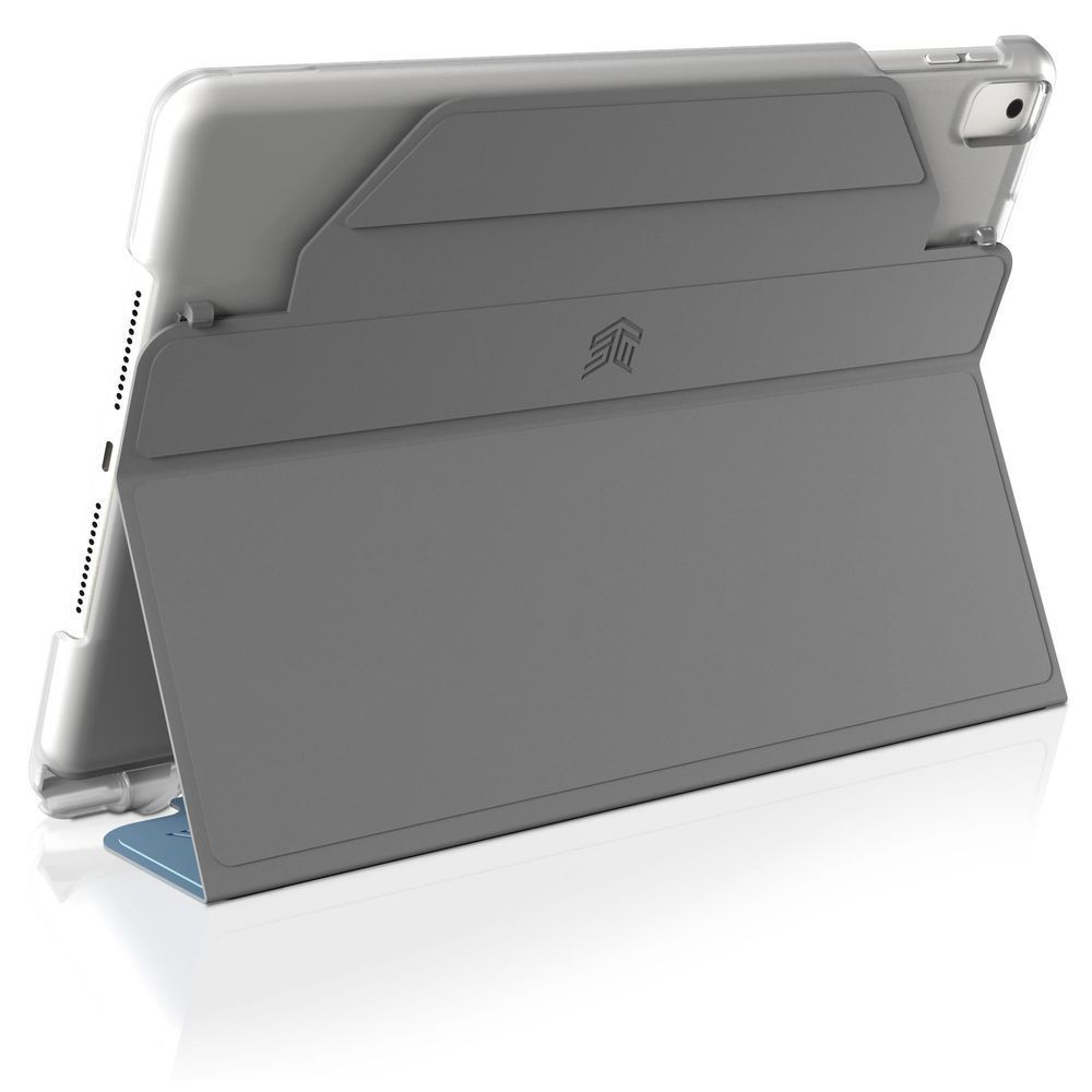 Blue folio tablet case with cover folded and kickstand