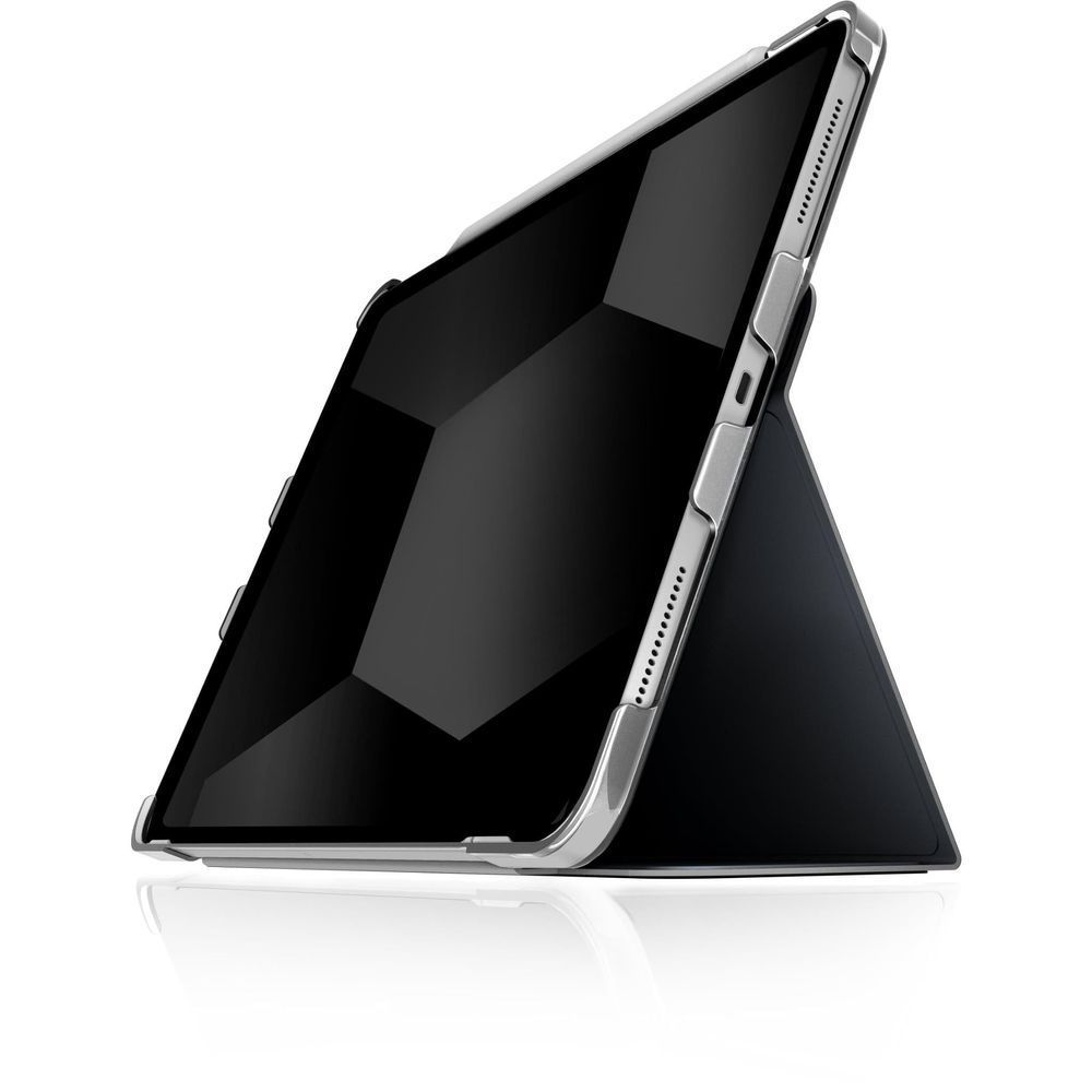 Black folio iPad case with stand, front flap and viewing angle support