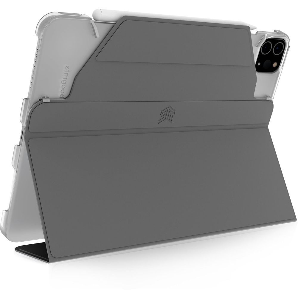 Dark gray folding iPad case with front cover and stand hinge